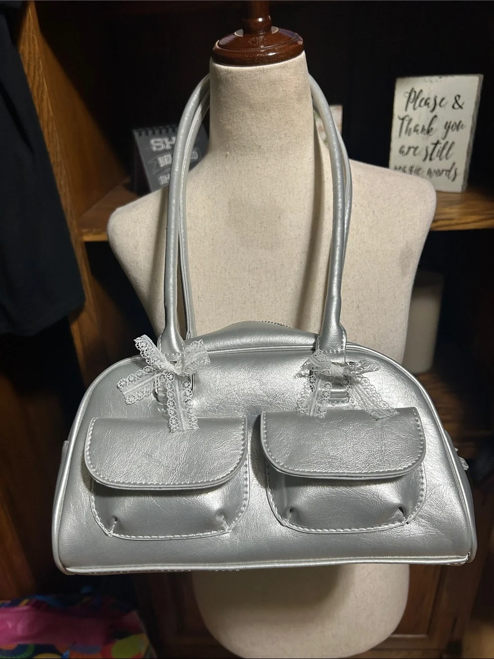 Classic Silver Dome Satchel Handbag NWOT